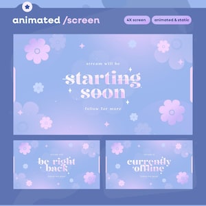 Puede incluir: Diseño de pantalla digital animada con un fondo degradado azul y morado suave. El diseño incluye acentos florales y de estrellas, con texto que dice "starting soon", "be right back" y "currently offline".
