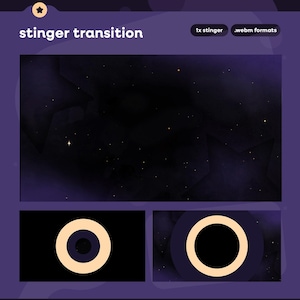 May include: A digital graphic with the text "stinger transition" in white. The image features a dark purple background with a starry night sky and two circular designs with a black centre and a beige outline.