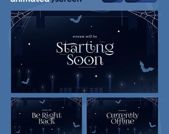 Puede incluir: Un diseño de pantalla animada azul oscuro con temática de Halloween. La pantalla principal dice "Starting Soon" en una elegante escritura blanca. Las pantallas adicionales dicen "Be Right Back" y "Currently Offline". Murciélagos, telarañas y velas decoran el diseño.