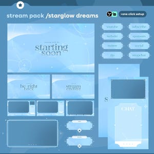 Puede incluir: Un paquete de transmisión digital en tonos azul claro y blanco, con elementos de superposición para la transmisión. Incluye pantallas con las etiquetas "starting soon", "be right back" y "stream ending", además de botones de redes sociales y cuadros de chat. El texto dice "stream pack / starglow dreams".