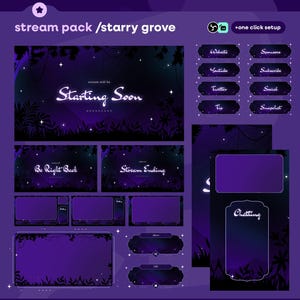 Puede incluir: Un paquete de transmisión digital con un tema de arboleda estrellada. El paquete incluye varias pantallas con una combinación de colores púrpura oscuro y verde azulado, con texto como "Starting Soon", "Be Right Back" e iconos de redes sociales. El diseño general es celestial y natural.