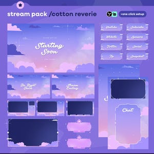May include: A digital stream pack with a cotton candy color scheme. The pack includes various overlay elements such as "Starting Soon", "Be Right Back", and "Stream Ending" screens, along with social media buttons and chat boxes. The overall design is soft and dreamy.