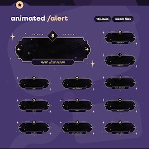 May include: A digital graphic with a purple background featuring animated alerts for online streaming. The design includes text that says "animated / alert", "new donation", "like", "share", "members", "new follower", "chat", "new subscriber", "superchat", "support", "new donation", "new raid", and "new cheer".