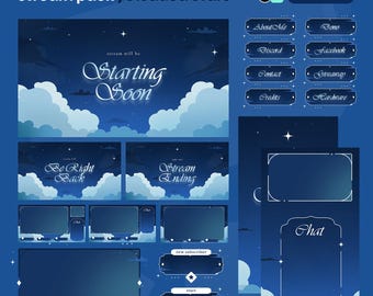 May include: A digital stream pack with a night sky theme. The pack includes various overlay screens with text such as "Starting Soon", "Be Right Back", and "Stream Ending". Additional elements include chat boxes and social media buttons.
