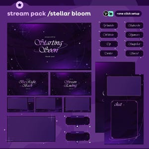 Puede incluir: Un paquete de transmisión digital con un tema espacial púrpura y negro. El paquete incluye varias pantallas superpuestas con texto como "Starting Soon", "Be Right Back" y "Stream Ending". También se incluyen botones de redes sociales y un cuadro de chat.