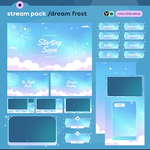 Peut inclure: Un pack de flux numérique sur le thème de l'hiver. Le design présente une palette de couleurs bleu clair et violet avec des graphiques de flocons de neige et de nuages. Le texte comprend "Starting Soon", "Be Right Back" et des icônes de médias sociaux.