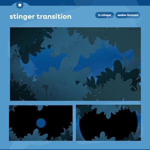 Puede incluir: Gráfico digital con el texto "stinger transition" y "1x stinger .webm formats". La imagen presenta una escena de bosque estilizada con follaje azul oscuro y blanco sobre un cielo azul oscuro. Dos marcos más pequeños muestran un círculo negro con un punto azul.