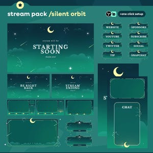 Könnte beinhalten: Ein digitales Stream-Paket in Dunkelgrün und Grün mit Himmelsmotiven. Das Paket enthält Overlay-Bildschirme mit Monden und Sternen. Text beinhaltet "Starting Soon", "Be Right Back" und Social-Media-Symbole für Streaming.