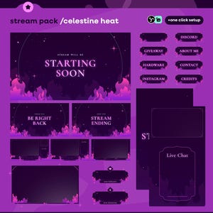 May include: A digital stream pack with a celestial heat theme. The design features a dark purple background with pink and purple flames, stars, and various text boxes. Text includes "Starting Soon", "Be Right Back", and "Stream Ending".