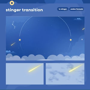 May include: A digital graphic with a blue background featuring a starry night sky with a shooting star and clouds. The text "stinger transition" is at the top, along with "1x stinger" and ".webm formats."