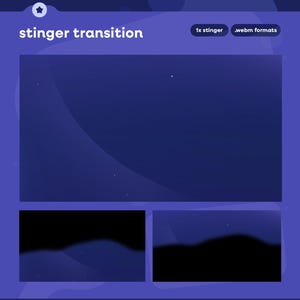 May include: A dark blue graphic with the text "stinger transition" and the words "1x stinger" and ".webm formats". The image has a dark blue background with a curved design and two smaller black and blue rectangles at the bottom.
