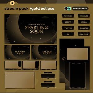 Paquete de transmisión animada Eclipse Dorado / Superposición elegante para Twitch / Paquete de transmisión de lujo / Paquete de transmisión dorada / Conjunto de transmisión con estética oscura