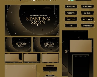 Animated Twitch Overlay | Gold Eclipse Black Celestial VTuber Pack | Twitch Kick YouTube | Panels Alerts Screens | OBS Streamlabs