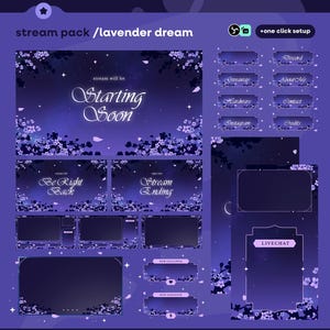 May include: A digital stream pack in shades of lavender and dark blue, featuring overlay elements. Includes screens for "Starting Soon", "Be Right Back", and "Stream Ending", plus social media buttons and chat boxes. The text "stream pack / lavender dream" is at the top of the design.