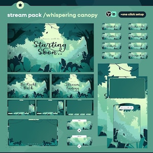 Może przedstawiać: Cyfrowy pakiet stream z motywem leśnym. Pakiet zawiera nakładki dla "Starting Soon", "Be Right Back" i "Stream Ending". Zawiera również przyciski mediów społecznościowych dla YouTube, Twittera i innych. Paleta kolorów to odcienie zieleni.