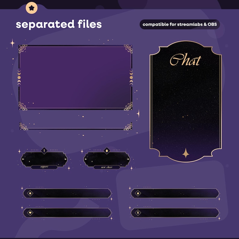 May include: A digital overlay design in purple and black. The design features a large rectangular frame, a chat box, and smaller decorative elements. The text on the design reads "separated files" and "chat".