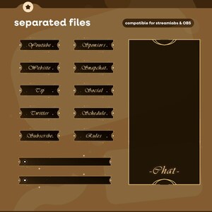 May include: A digital overlay design with a brown and gold color scheme. The design includes text labels for various social media platforms and streaming features, such as "Youtube," "Website," and "Chat." The text "separated files" and "compatible for streamlabs & OBS" are also present.