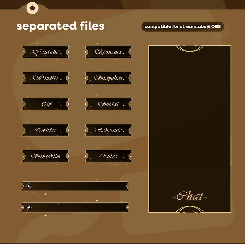 May include: A digital overlay design with a brown and gold color scheme. The design includes text labels for various social media platforms and streaming features, such as "Youtube," "Website," and "Chat." The text "separated files" and "compatible for streamlabs & OBS" are also present.