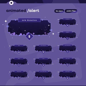 Könnte beinhalten: Ein lila animierter Alert-Grafik mit dem Text "animated / alert". Die Grafik enthält mehrere rechteckige Kästchen mit Text wie "new donation", "like", "share", "superchat", "new follower", "stars", "new subscriber" und "new cheer".
