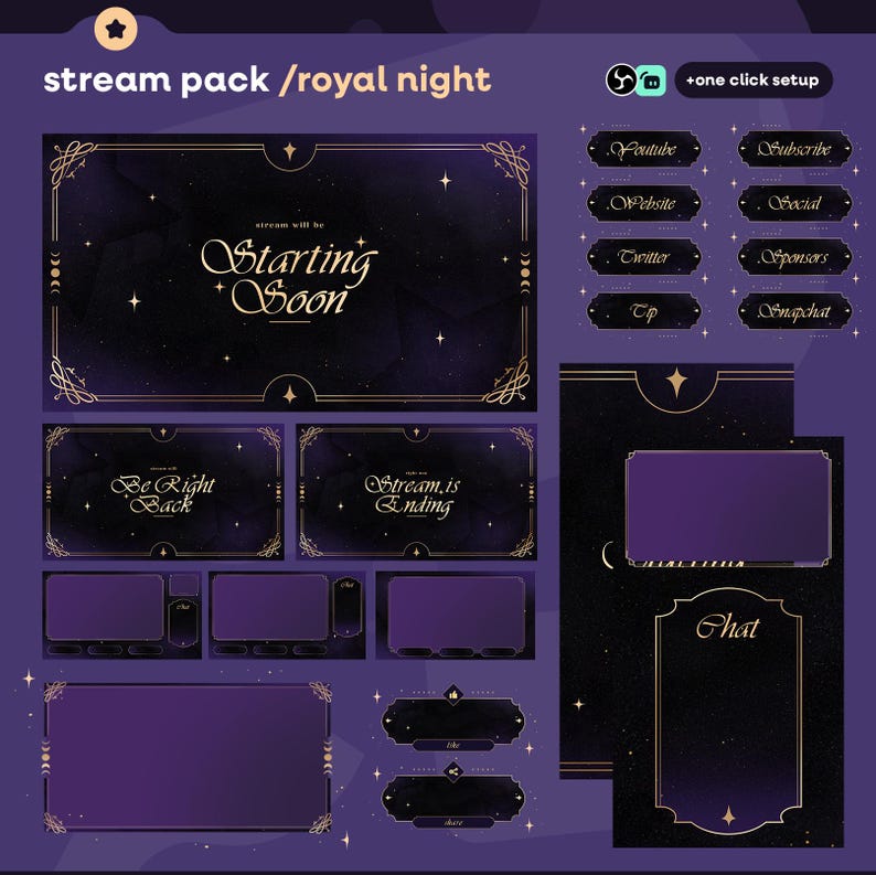 May include: A digital stream pack, "Royal Night", in dark purple and gold. It features overlay elements like "Starting Soon", "Be Right Back", and social media buttons for YouTube, Twitter, etc. The design has a starry night sky theme, with decorative borders and text.