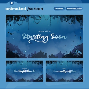 May include: Animated screen design with a blue jungle theme. The main screen says "Starting Soon" in white script. Additional screens say "Be Right Back" and "Currently Offline". The design includes trees, vines, and birds.