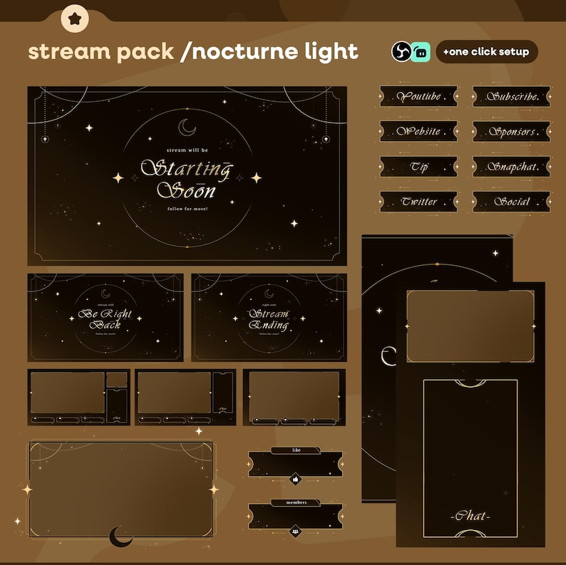 May include: A digital stream pack with a nocturne light theme. The design features a dark brown background with gold accents, stars, and crescent moons. Text includes "Starting Soon," "Be Right Back," and social media buttons.