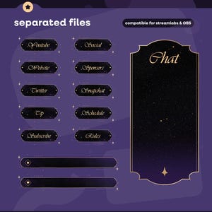 May include: A digital overlay set with a purple background and gold accents. The set includes labels for YouTube, Website, Twitter, Tip, Subscribe, Social, Sponsors, Snapchat, Schedule, and Rules. A large chat box is also included.