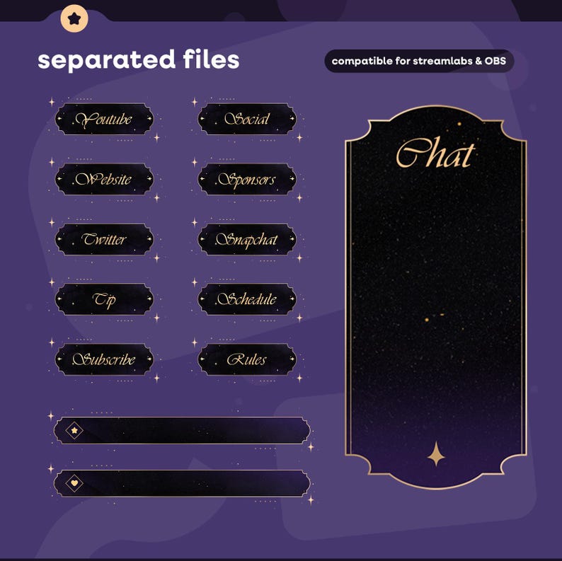 May include: A digital overlay set with a purple background and gold accents. The set includes labels for YouTube, Website, Twitter, Tip, Subscribe, Social, Sponsors, Snapchat, Schedule, and Rules. A large chat box is also included.