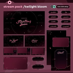 Pode incluir: Um pacote de stream digital com um tema de floração crepuscular. O pacote inclui várias telas de sobreposição com texto como "Starting Soon", "Be Right Back" e "Stream Ending". Botões de mídia social para YouTube, Twitter e muito mais também estão incluídos. O esquema de cores é bordô escuro e preto.