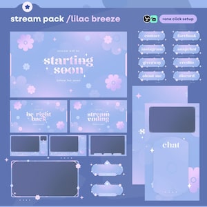 Puede incluir: Un paquete de stream digital "lilac breeze" en tonos morados y blancos. Incluye superposiciones para streaming, como pantallas de "starting soon" y "stream ending", además de botones de redes sociales. El diseño incorpora motivos florales y de estrellas.