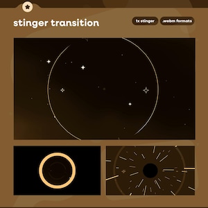 May include: A digital graphic with the text "stinger transition" in white. The image features a dark brown background with a large circle and star shapes. Two smaller images show a yellow circle and a radial burst.