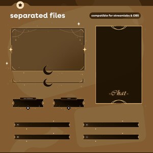 May include: A digital art design with a brown and gold color scheme. The design includes a large rectangular frame, chat box, and various smaller elements with text that reads "separated files" and "compatible for streamlabs & OBS".