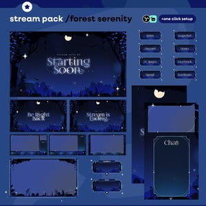 Może przedstawiać: Cyfrowy pakiet stream z motywem leśnym. Pakiet zawiera wiele ekranów z tekstem takim jak "Starting Soon", "Be Right Back" i "Stream is Ending". Schemat kolorów to ciemnoniebieski z białymi akcentami.