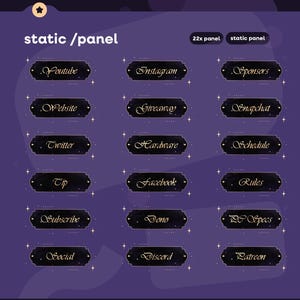 May include: A collection of 16 dark purple and gold social media panel graphics. Each panel has a gold script text label, like "Youtube" or "Instagram", on a black background with a decorative border. The words "static / panel" are at the top.