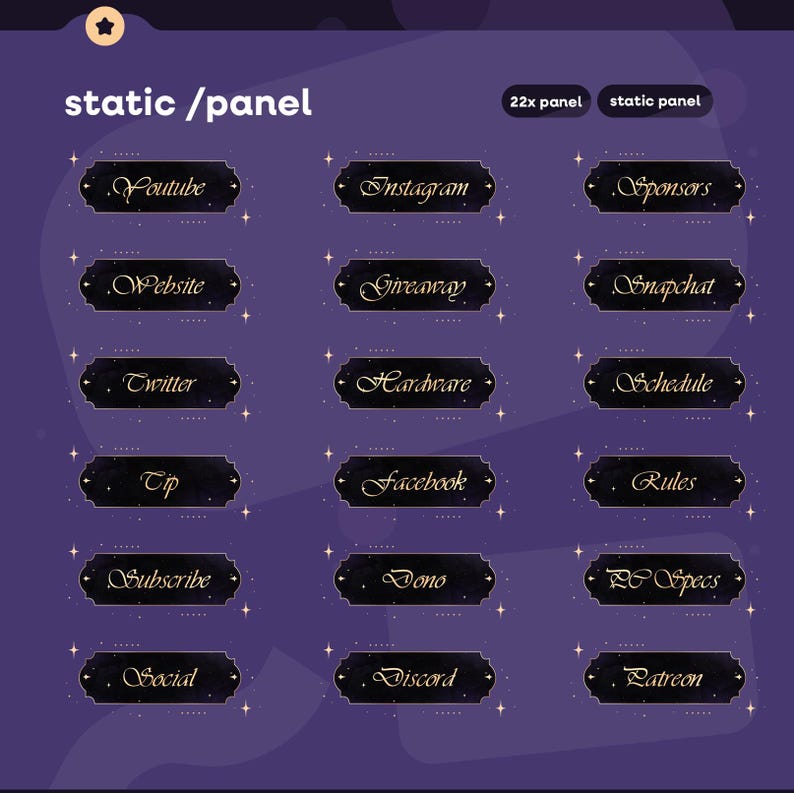 May include: A collection of 16 dark purple and gold social media panel graphics. Each panel has a gold script text label, like "Youtube" or "Instagram", on a black background with a decorative border. The words "static / panel" are at the top.
