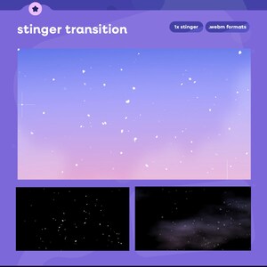 May include: A digital graphic with the text "stinger transition" and "1x stinger .webm formats". The image features a gradient background of purple and blue with white particles. Two smaller black boxes at the bottom show different visual effects.