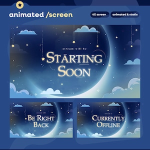 Könnte beinhalten: Animiertes Bildschirmdesign mit Nachthimmel-Thema. Die Hauptgrafik zeigt "Starting Soon" in goldfarbenen Buchstaben, mit zusätzlichen Bildschirmen für "Be Right Back" und "Currently Offline". Enthält Wolken, Sterne und einen Mond.