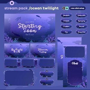 Może przedstawiać: Cyfrowy pakiet stream z motywem zmierzchu oceanu. Pakiet zawiera różne ekrany z tekstem, takim jak "Starting Soon", "Be Right Back" i "Stream Ending". Zawiera również przyciski mediów społecznościowych i okna czatu, wszystko w odcieniach niebieskiego i fioletowego.
