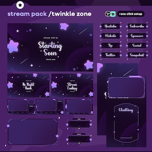 May include: A digital stream pack in purple and dark blue, with star and galaxy graphics. It includes overlay screens with text such as "Starting Soon" and social media icons for platforms like YouTube and Twitter.
