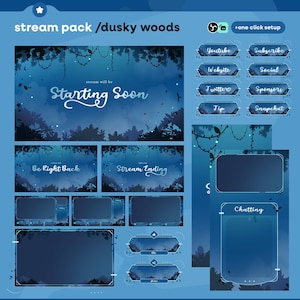 Puede incluir: Un paquete de transmisión digital con un tema de bosques oscuros. El diseño presenta una combinación de colores azul oscuro con siluetas de bosque y el texto "Starting Soon", "Be Right Back" y "Stream Ending". Incluye botones de redes sociales.