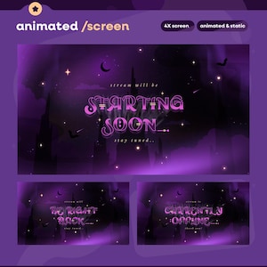 May include: Animated screen design in purple and black, featuring the text "STARTING SOON", "BE RIGHT BACK", and "CURRENTLY OFFLINE". The design includes stars, a crescent moon, and silhouettes of bats and castles, creating a gothic aesthetic.