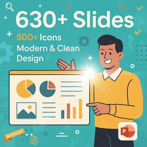 May include: A graphic promoting a presentation with the text "630+ Slides", "500+ Icons", and "Modern & Clean Design". The image features a man pointing at a presentation screen with charts and graphs. A "BESTSELLER" badge is in the corner.