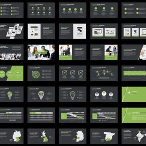 These preview images display slide examples from the 7,800+ Company Profile PowerPoint Template. Features creative charts, infographics, timelines, and portfolio layouts in green and white tones. Fully editable for business, marketing, and pitch presentations in PowerPoint and compatible software.