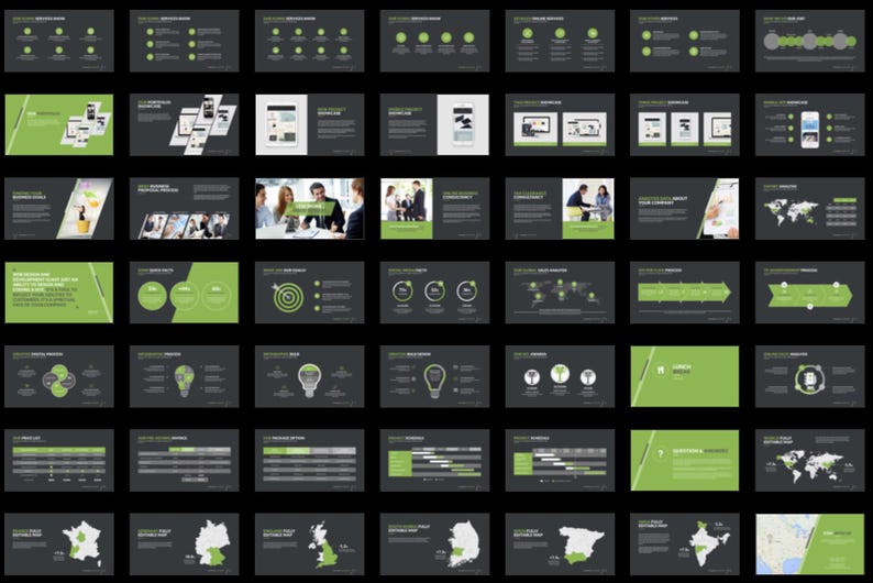 These preview images display slide examples from the 7,800+ Company Profile PowerPoint Template. Features creative charts, infographics, timelines, and portfolio layouts in green and white tones. Fully editable for business, marketing, and pitch presentations in PowerPoint and compatible software.