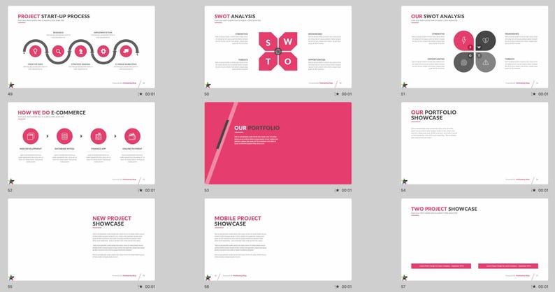These preview images display slide examples from the 7,800+ Company Profile PowerPoint Template. Features creative charts, infographics, timelines, and portfolio layouts in green and white tones. Fully editable for business, marketing, and pitch presentations in PowerPoint and compatible software.