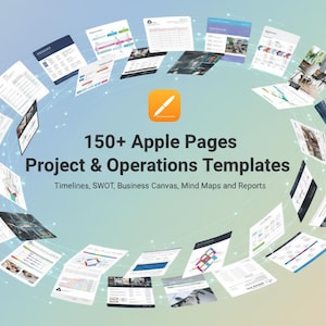 Può includere: Immagine con oltre 150 modelli Apple Pages per progetti e operazioni. I modelli includono cronologie, analisi SWOT, business canvas, mappe mentali e report. Sfondo sfumato con un'icona di Apple Pages al centro.