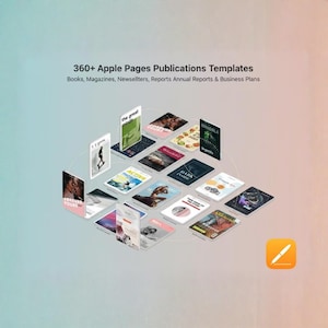 以下が含まれることがあります： 書籍、雑誌、レポートなど、さまざまなApple Pages出版テンプレートを紹介する画像。 「Forever Yours」や「Dark Inside」などのタイトルが付いたデジタルブックカバーのコレクションが特徴です。 テキスト「360+ Apple Pages Publications Templates」が表示されています。