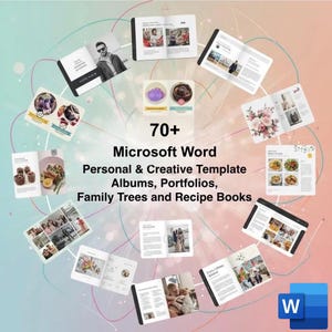 May include: An image showcasing various open books and templates, including albums, portfolios, and recipe books. The text reads "70+ Microsoft Word Personal & Creative Template Albums, Portfolios, Family Trees and Recipe Books." A Microsoft Word logo is visible.