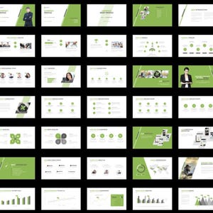 These preview images display slide examples from the 7,800+ Company Profile PowerPoint Template. Features creative charts, infographics, timelines, and portfolio layouts in green and white tones. Fully editable for business, marketing, and pitch presentations in PowerPoint and compatible software.
