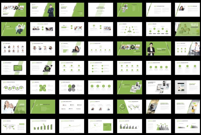 These preview images display slide examples from the 7,800+ Company Profile PowerPoint Template. Features creative charts, infographics, timelines, and portfolio layouts in green and white tones. Fully editable for business, marketing, and pitch presentations in PowerPoint and compatible software.